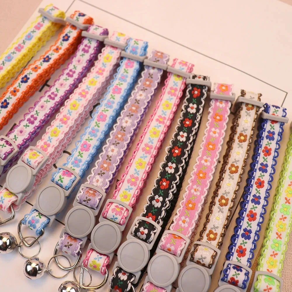 Exquisite Floral Embroidered Cat Collar – Adjustable, Lightweight & Bell-Equipped