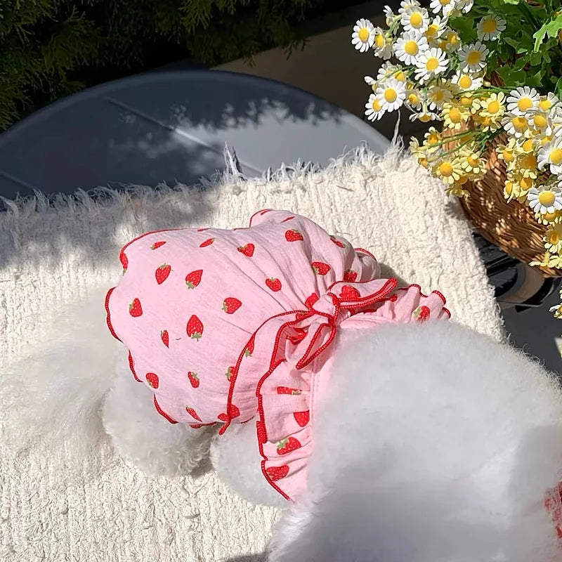 Berry Sweet Strawberry Print Dog Dress – Adorable Summer Outfit with Cute Bow for Chihuahuas, French Bulldogs & Cats