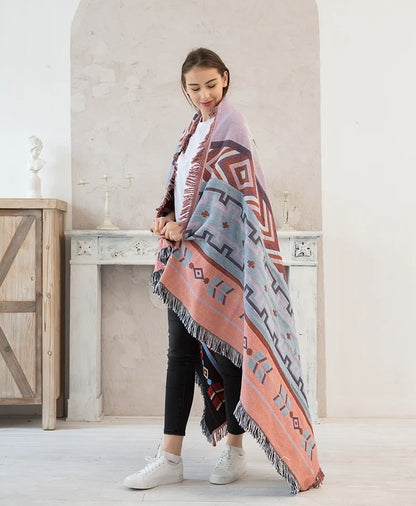 Cozy Geometric Cotton-Linen Blanket for Outdoor Adventures and Pet Lovers