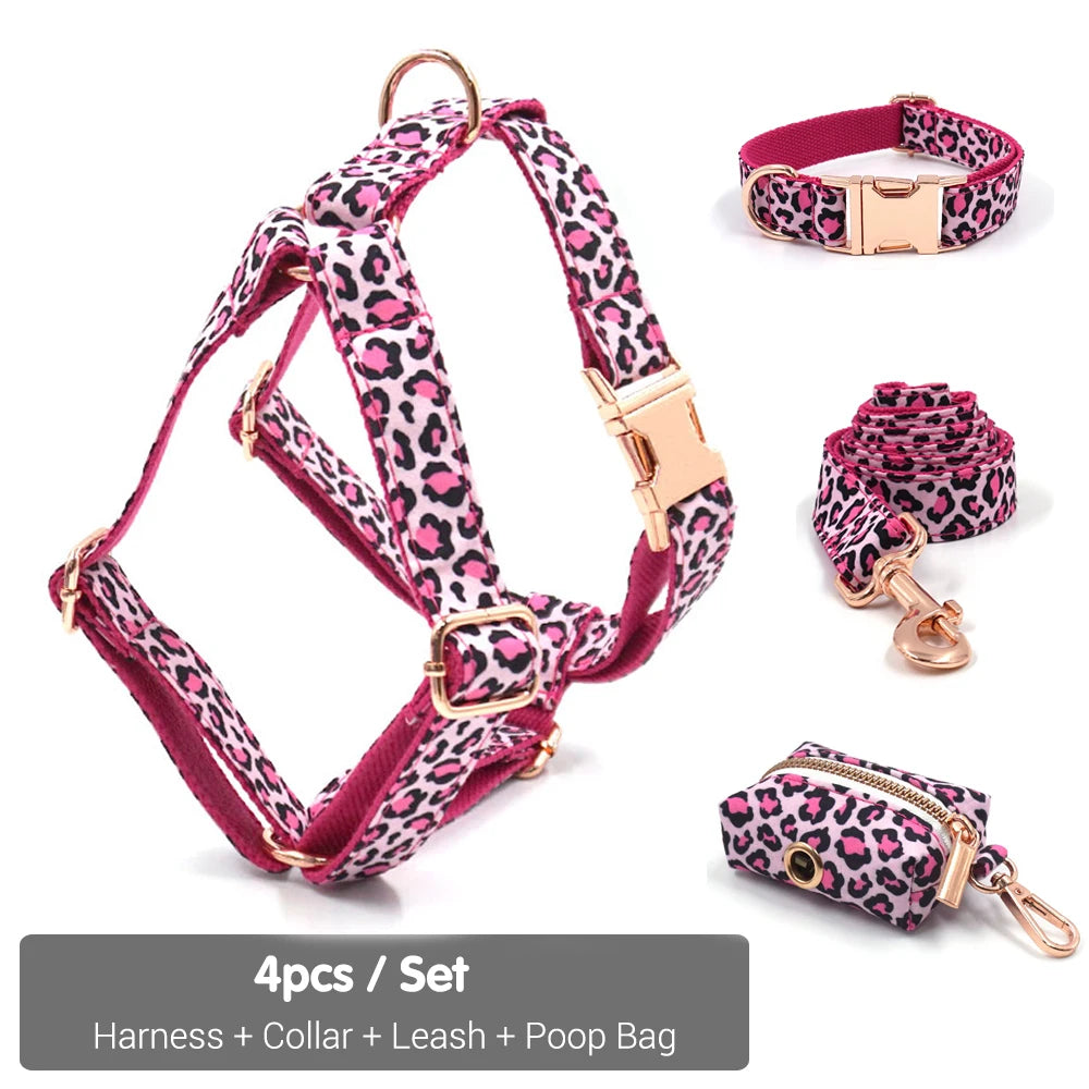Pink Leopard Dog Harness Set – Personalized, Stylish, and Safe for Your Furry Fashionista