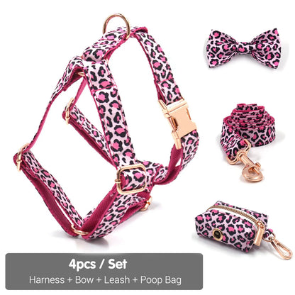 Pink Leopard Dog Harness Set – Personalized, Stylish, and Safe for Your Furry Fashionista