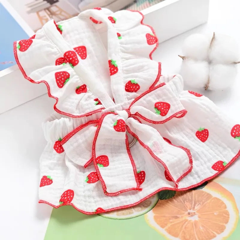 Berry Sweet Strawberry Print Dog Dress – Adorable Summer Outfit with Cute Bow for Chihuahuas, French Bulldogs & Cats