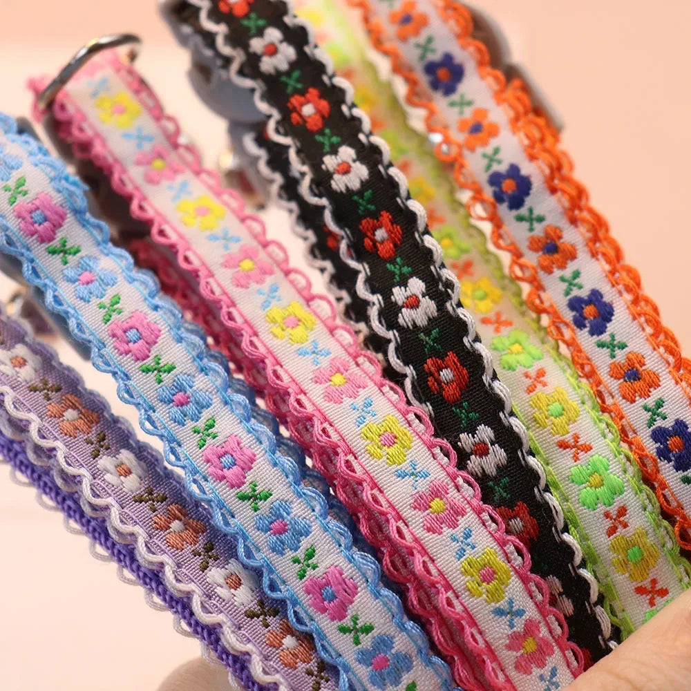 Exquisite Floral Embroidered Cat Collar – Adjustable, Lightweight & Bell-Equipped