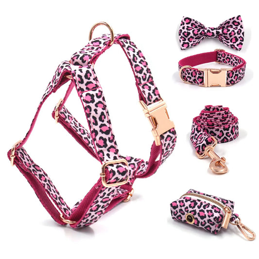 Pink Leopard Dog Harness Set – Personalized, Stylish, and Safe for Your Furry Fashionista
