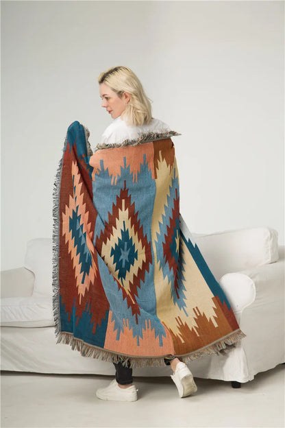 Cozy Geometric Cotton-Linen Blanket for Outdoor Adventures and Pet Lovers