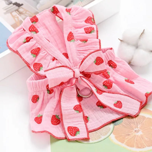 Berry Sweet Strawberry Print Dog Dress – Adorable Summer Outfit with Cute Bow for Chihuahuas, French Bulldogs & Cats