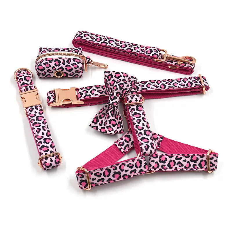 Pink Leopard Dog Harness Set – Personalized, Stylish, and Safe for Your Furry Fashionista