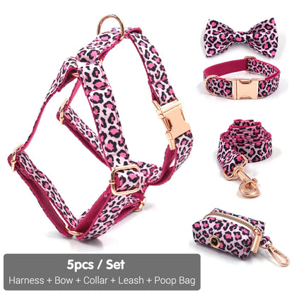 Pink Leopard Dog Harness Set – Personalized, Stylish, and Safe for Your Furry Fashionista